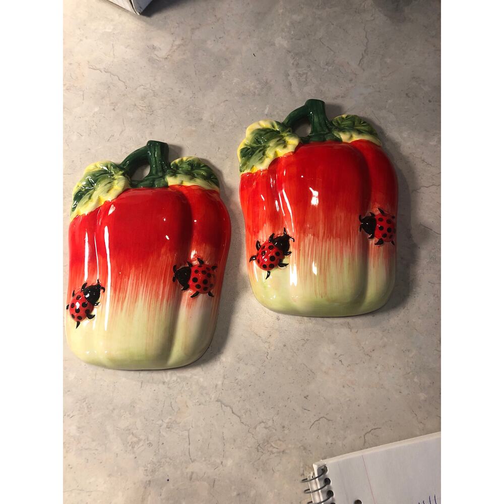 Vtg Pair Lady Bug & Pepper Ceramic Wall Hanging Handpainted